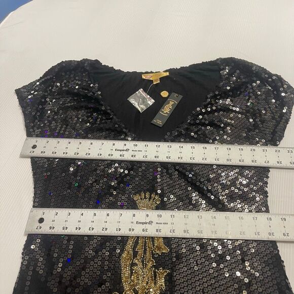 NEW Christian Audigier Womans Black Sequins Top W/ Gold Accents Size Small NWT - Picture 4 of 6